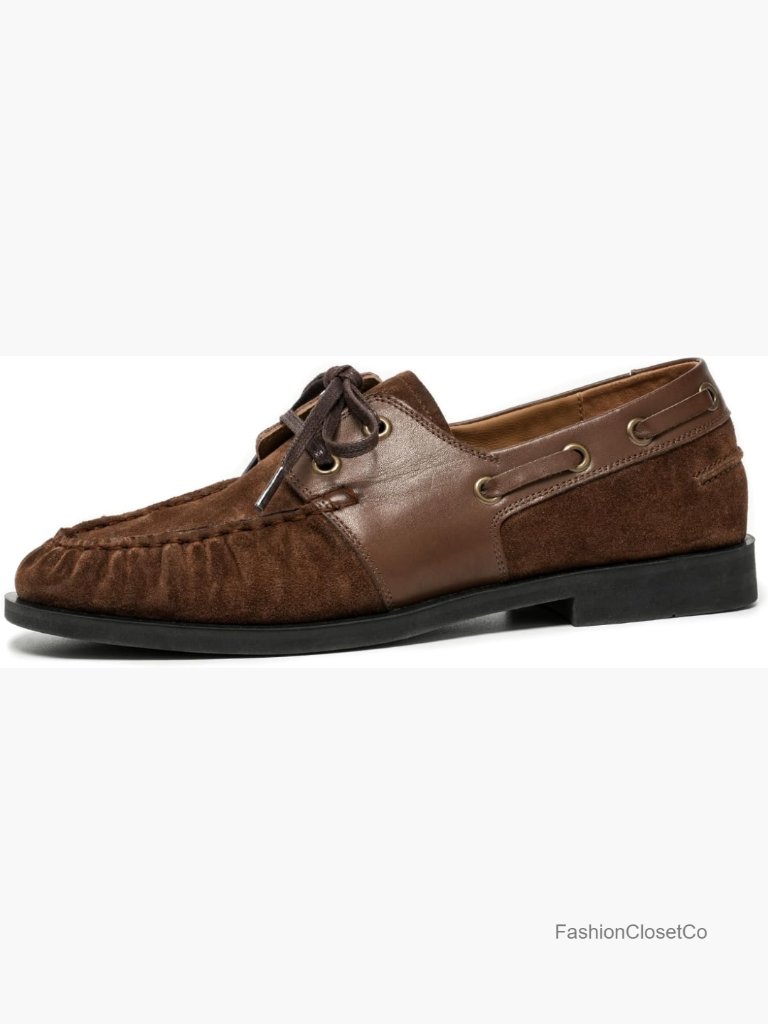 Genuine Leather And Suede Lace Up Boat Loafers, Slip On Driving Shoes For Women